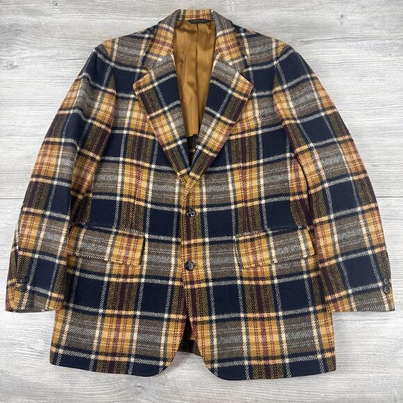 VTG 70's Palm Beach Sportscoat Mens 44L Navy Orange Yellow Check Plaid EUC - Picture 2 of 9